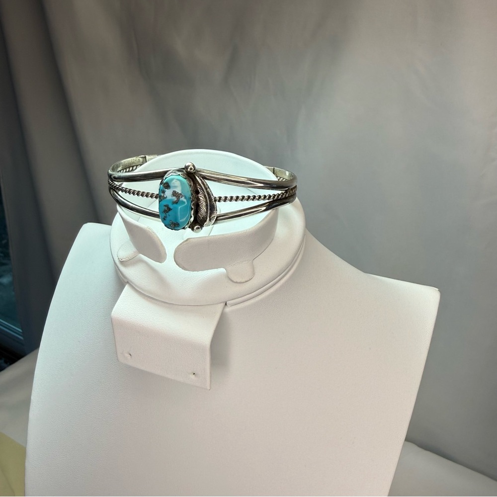 Sterling Silver and Turquoise Feather Navajo Bracelet 7.5”-7.75”